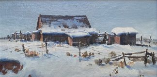 James Boren Snow On The Prairie ranch cabin farm western oil painting