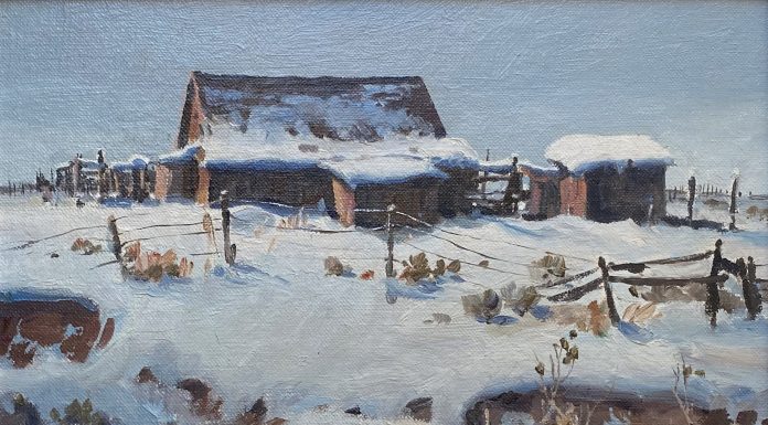 James Boren Snow On The Prairie ranch cabin farm western oil painting