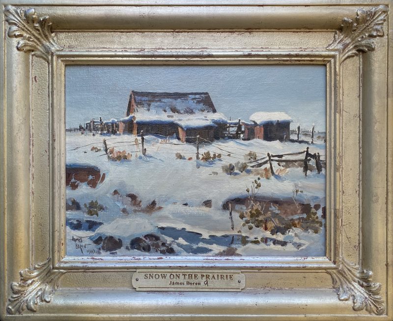 James Boren Snow On The Prairie ranch cabin farm western oil painting framed