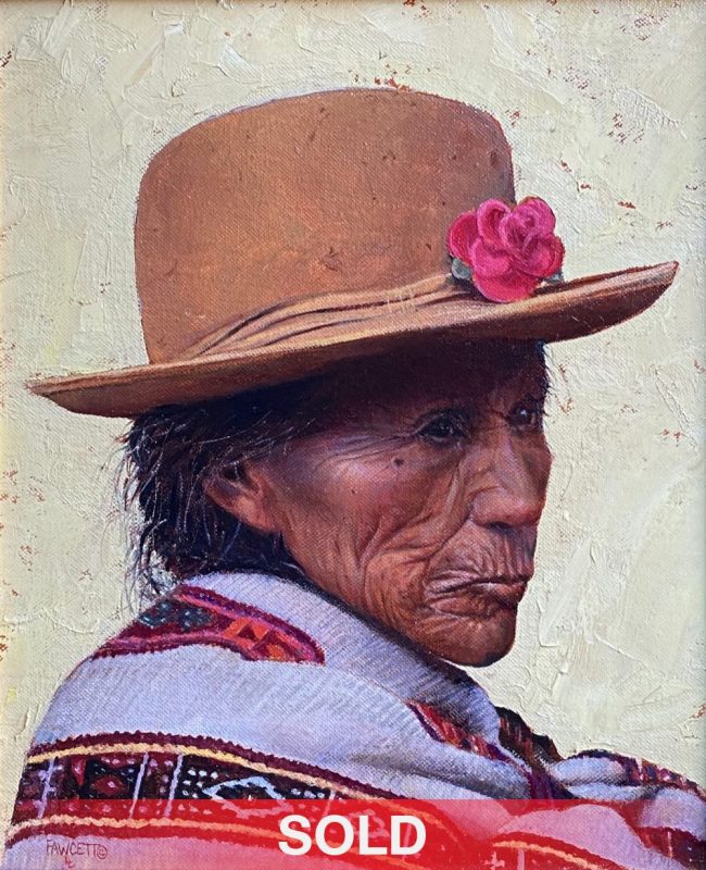 John Fawcett Eyes Of The Past Native American Indian woman blanket hat rose western oil painting sold