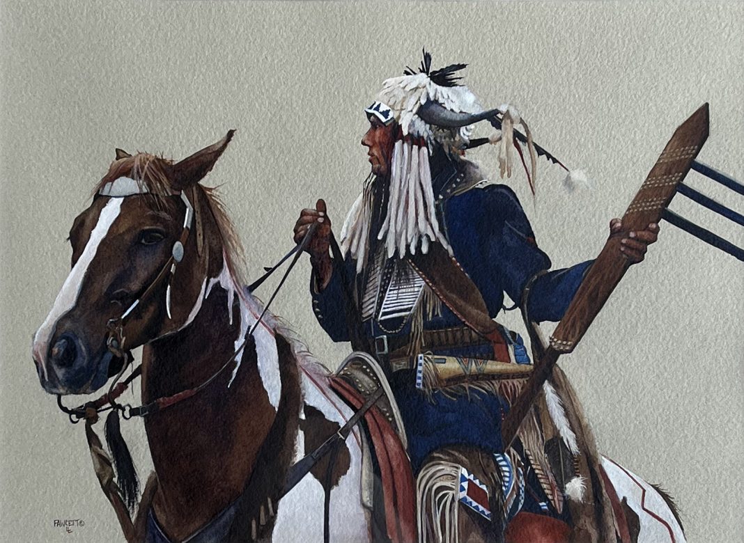 John Fawcett Vigilante Native American Indian horse western watercolor painting