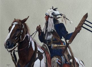 John Fawcett Vigilante Native American Indian horse western watercolor painting