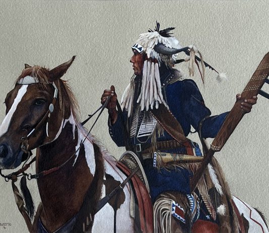 John Fawcett Vigilante Native American Indian horse western watercolor painting