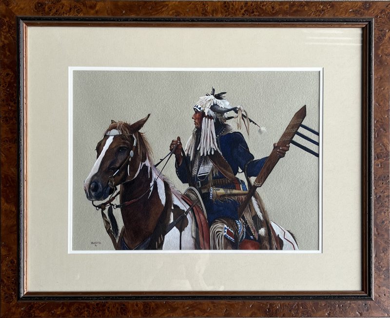 John Fawcett Vigilante Native American Indian horse western watercolor painting framed