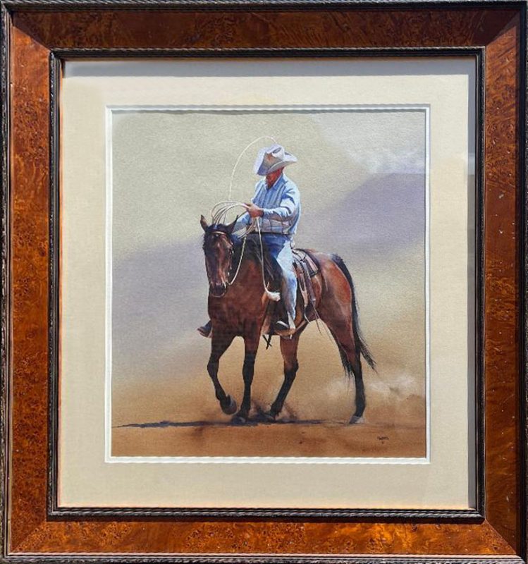 John Fawcett Windin' Up cowboy horse farm ranch western watercolor painting framed