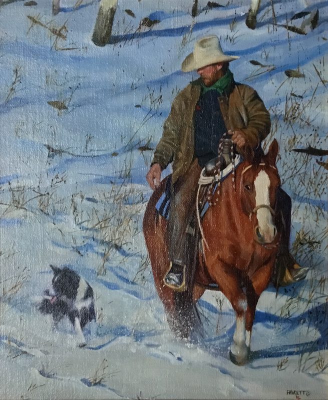 John Fawcett Winter Frolic cowboy horse dog snow mountain forest wilderness western oil painting