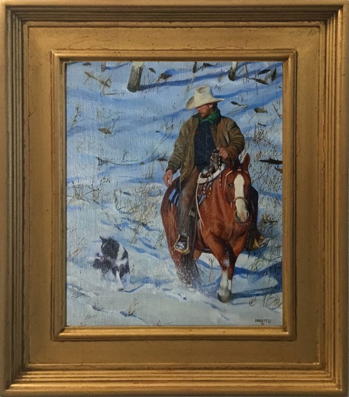 John Fawcett Winter Frolic cowboy horse dog snow mountain forest wilderness western oil painting framed