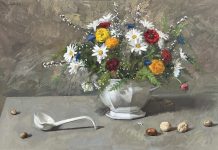 William Whitaker Still Life flowers floral daisy rose ladel walnut stillife oil painting