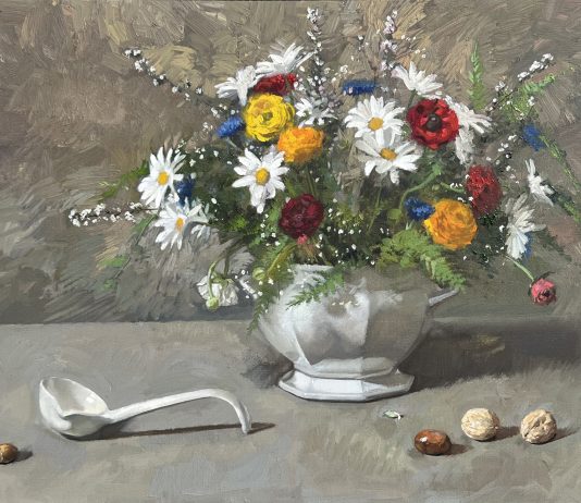 William Whitaker Still Life flowers floral daisy rose ladel walnut stillife oil painting