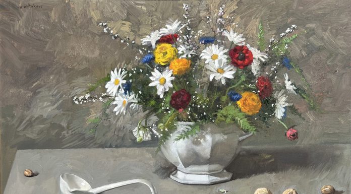 William Whitaker Still Life flowers floral daisy rose ladel walnut stillife oil painting