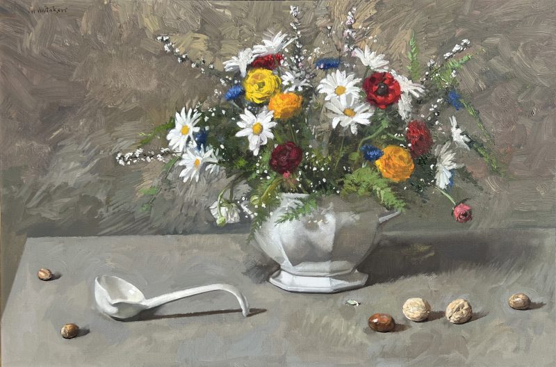 William Whitaker Still Life flowers floral daisy rose ladel walnut stillife oil painting