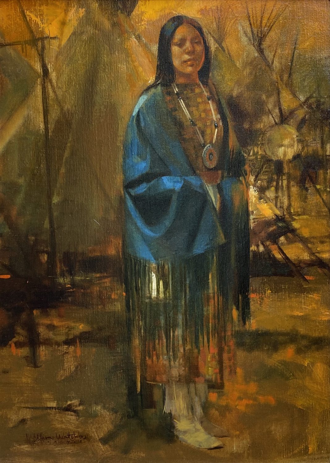 William Whitaker Comanche Camp Native American Indian female portrait western oil painting