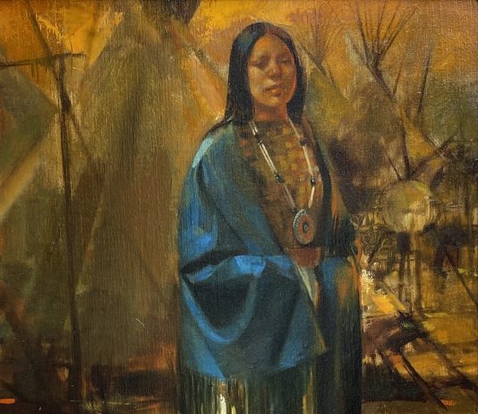 William Whitaker Comanche Camp Native American Indian female portrait western oil painting