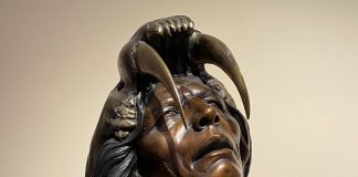 Dan Garrett Primal Prayer Native American Indian warrior man western bronze sculpture bust close up