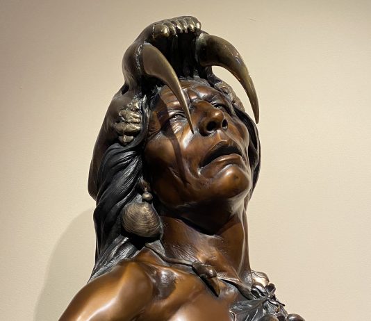 Dan Garrett Primal Prayer Native American Indian warrior man western bronze sculpture bust close up