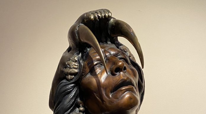 Dan Garrett Primal Prayer Native American Indian warrior man western bronze sculpture bust close up