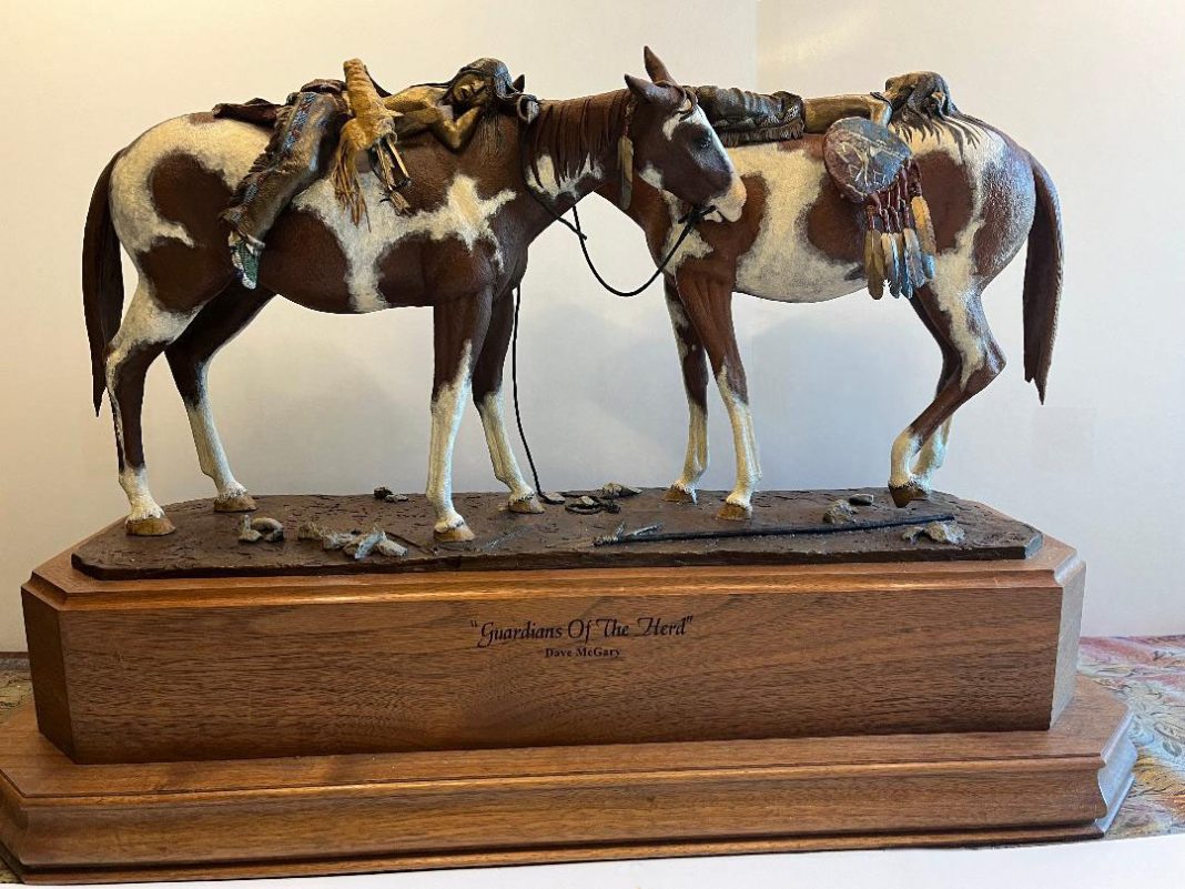 Dave McGary Guardians of the Herd Native American Indian boys saddle horse sleeping nap napping sleep paint horse western bronze sculpture