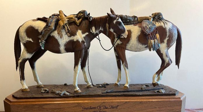 Dave McGary Guardians of the Herd Native American Indian boys saddle horse sleeping nap napping sleep paint horse western bronze sculpture