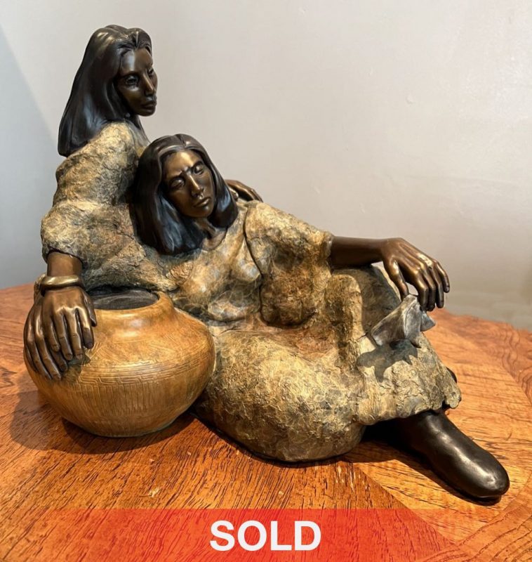 J.R. Eason The Weeping Pot Native American Indian two women sorrow sadness reflection western bronze sculpture sold