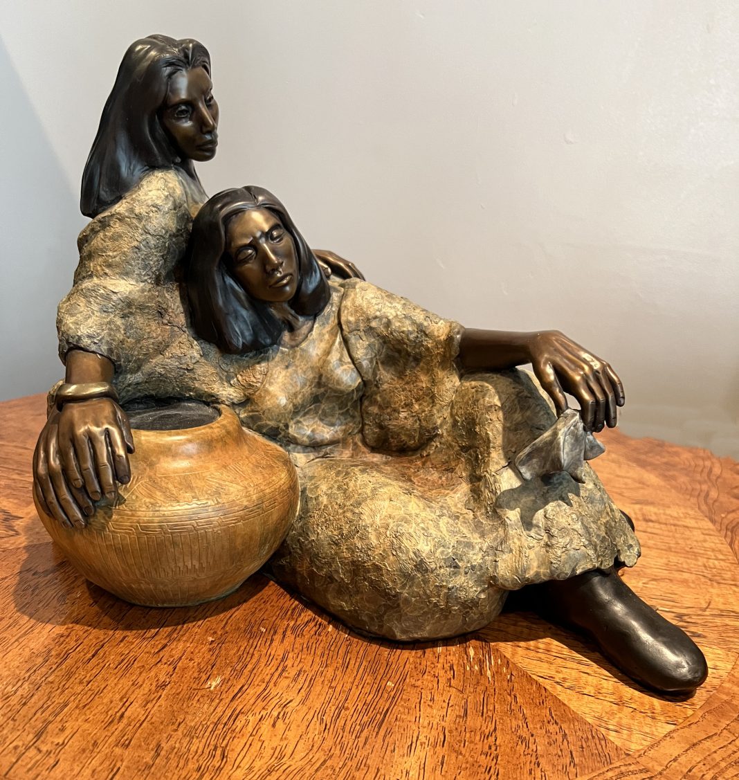 J.R. Eason The Weeping Pot Native American Indian two women sorrow sadness reflection western bronze sculpture