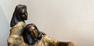 J.R. Eason The Weeping Pot Native American Indian two women sorrow sadness reflection western bronze sculpture