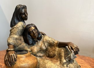 J.R. Eason The Weeping Pot Native American Indian two women sorrow sadness reflection western bronze sculpture