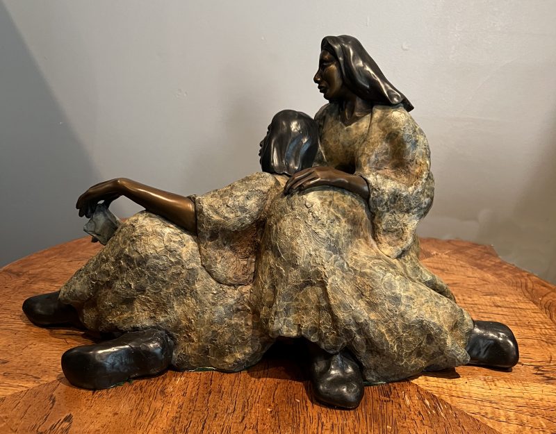 J.R. Eason The Weeping Pot Native American Indian two women sorrow sadness reflection western bronze sculpture side