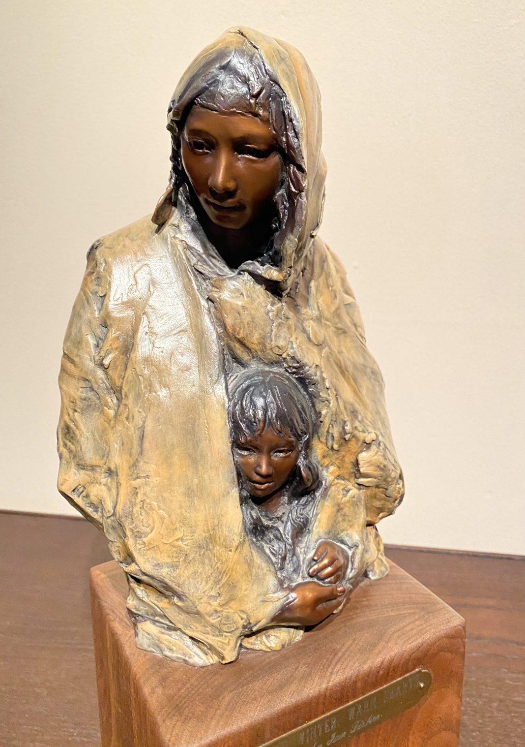 Jan Gordon Fisher Cold Winter Warm Hearts Native American Indian woman girl squaw child figure figurative western bronze sculpture close up