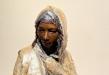 Jan Gordon Fisher Cold Winter Warm Hearts Native American Indian woman girl squaw child figure figurative western bronze sculpture close up