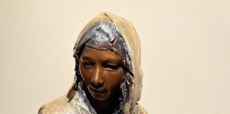 Jan Gordon Fisher Cold Winter Warm Hearts Native American Indian woman girl squaw child figure figurative western bronze sculpture close up