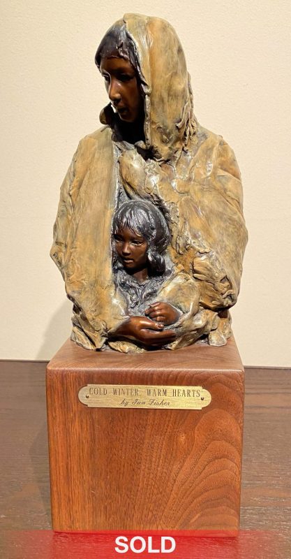 Jan Gordon Fisher Cold Winter Warm Hearts Native American Indian woman girl squaw child figure figurative western bronze sculpture front sold