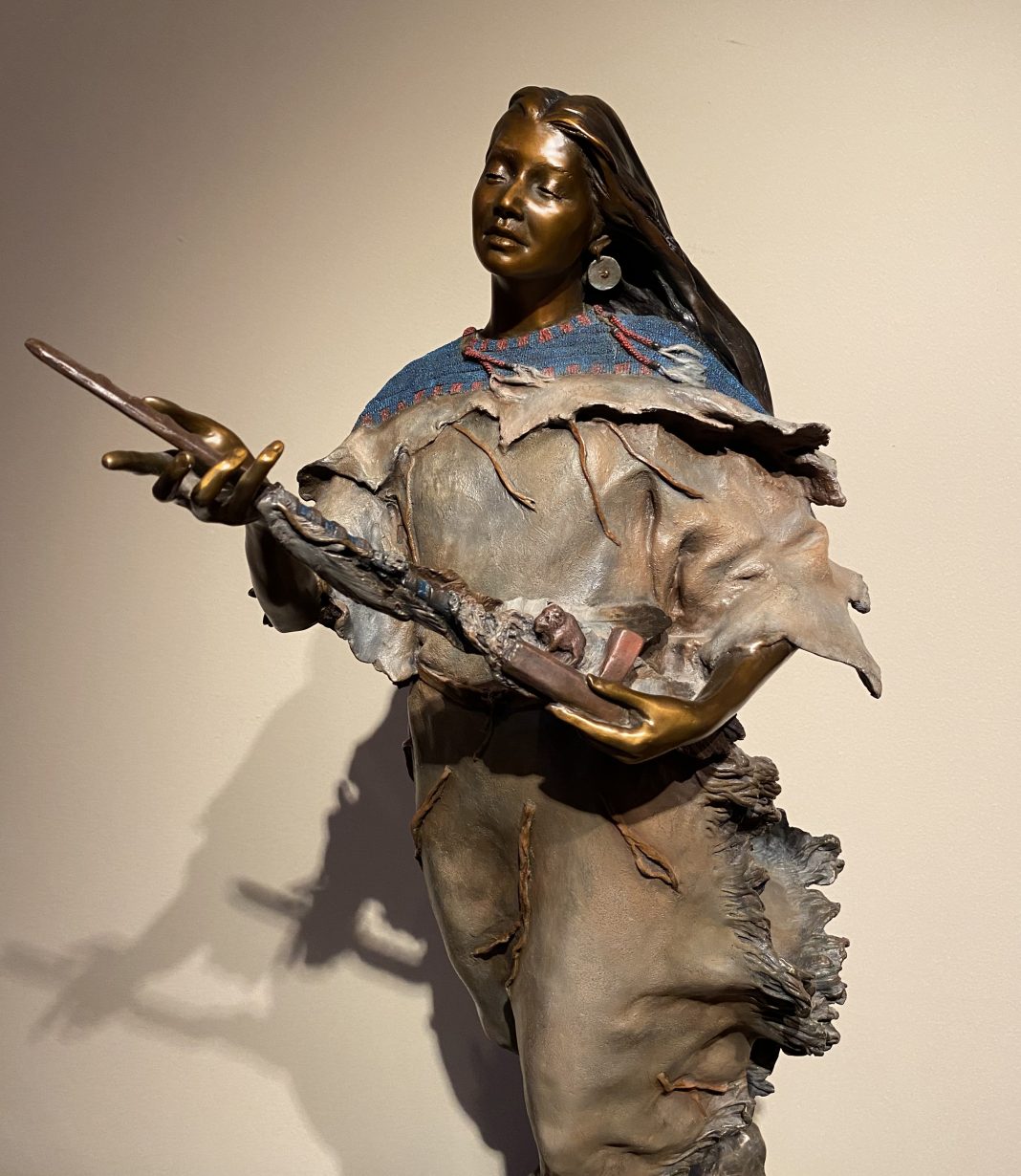 John Coleman Walks Like A Living Prayer Native American woman girl female portrait feminine courting western bronze sculpture close up