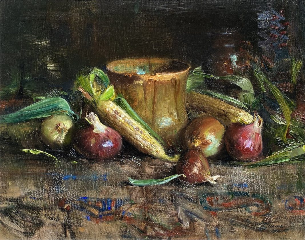 Cyrus Afsary Corn and Onions Native American Indian stillife still life vegetable brass pot rug western oil painting