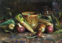 Cyrus Afsary Corn and Onions Native American Indian stillife still life vegetable brass pot rug western oil painting