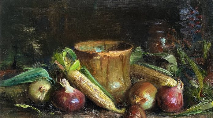 Cyrus Afsary Corn and Onions Native American Indian stillife still life vegetable brass pot rug western oil painting