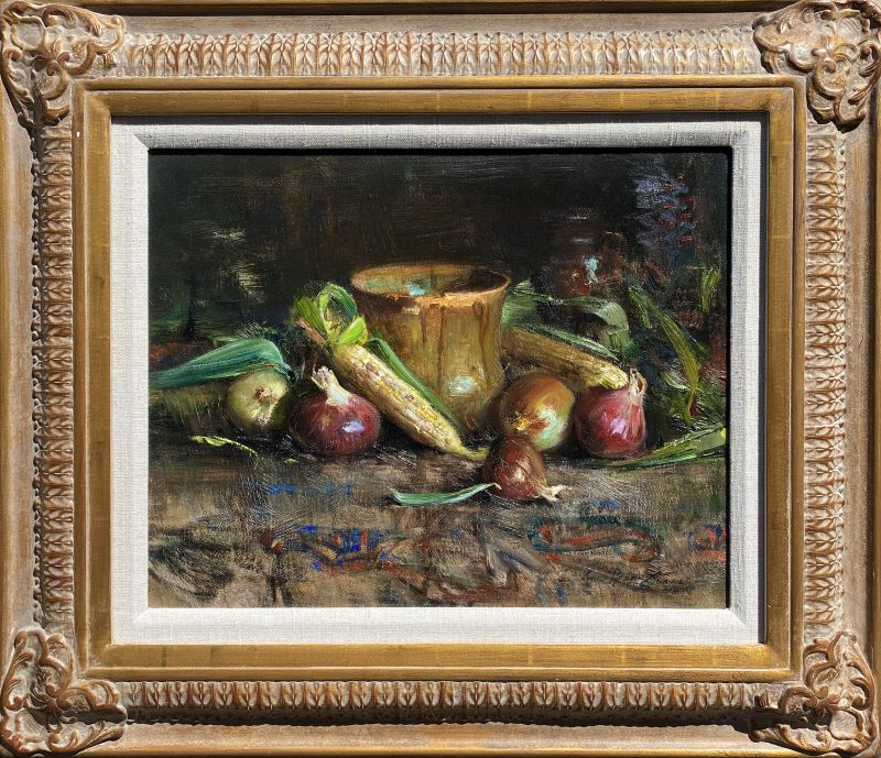 Cyrus Afsary Corn and Onions Native American Indian stillife still life vegetable brass pot rug western oil painting framed