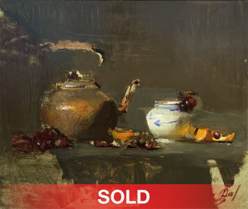 David Leffel Copper Pot white vase oranges grapes fruit stillife still life oil painting sold