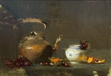 David Leffel Copper Pot white vase oranges grapes fruit stillife still life oil painting