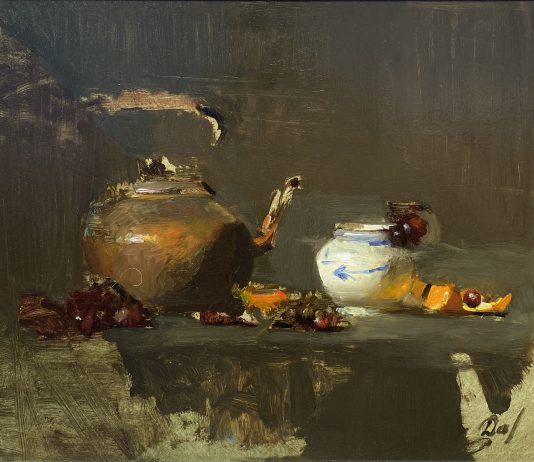 David Leffel Copper Pot white vase oranges grapes fruit stillife still life oil painting