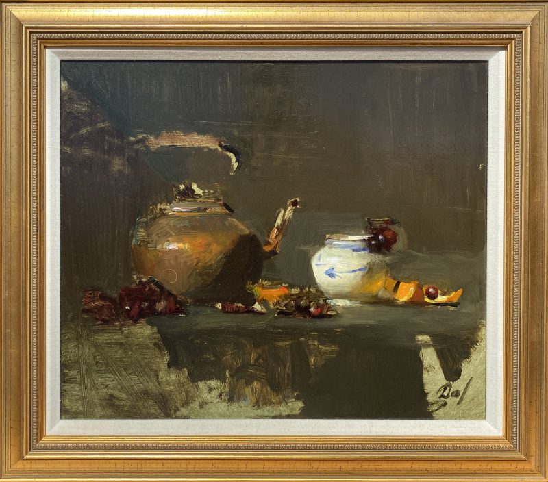David Leffel Copper Pot white vase oranges grapes fruit stillife still life oil painting framed