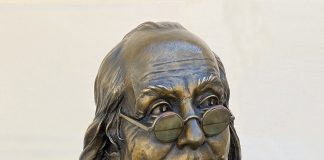George Lundeen Ben Franklin Bust portrait historical figure America founding father western bronze sculpture close up