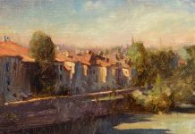 Kim English Evening Shade town waterway river stream causeway town village architecture landscape oil painting