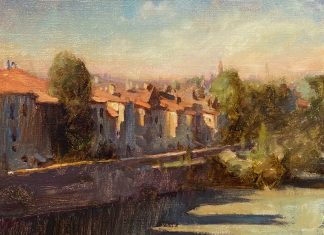 Kim English Evening Shade town waterway river stream causeway town village architecture landscape oil painting