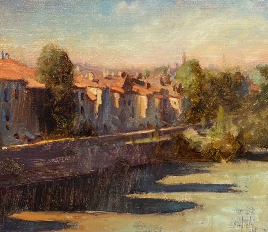Kim English Evening Shade town waterway river stream causeway town village architecture landscape oil painting