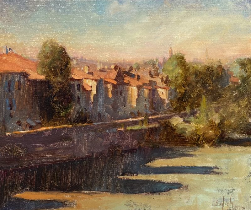 Kim English Evening Shade town waterway river stream causeway town village architecture landscape oil painting