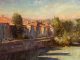 Kim English Evening Shade town waterway river stream causeway town village architecture landscape oil painting