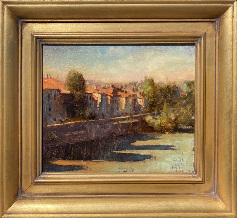 Kim English Evening Shade town waterway river stream causeway town village architecture landscape oil painting framed