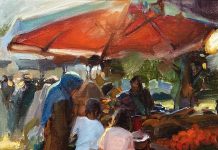 Kim English Market Scene people girl boy woman shopping buying trade barter oil painting