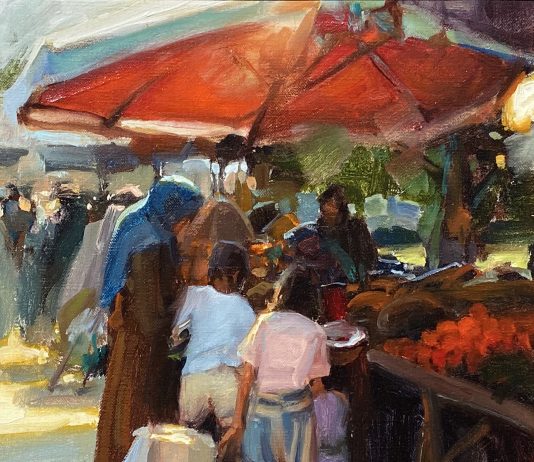 Kim English Market Scene people girl boy woman shopping buying trade barter oil painting