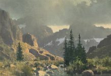 Michael Stack Summer Storm in the Winds summer storm mountain river stream brook pine trees clouds western wind river range Wyoming landscape oil painting